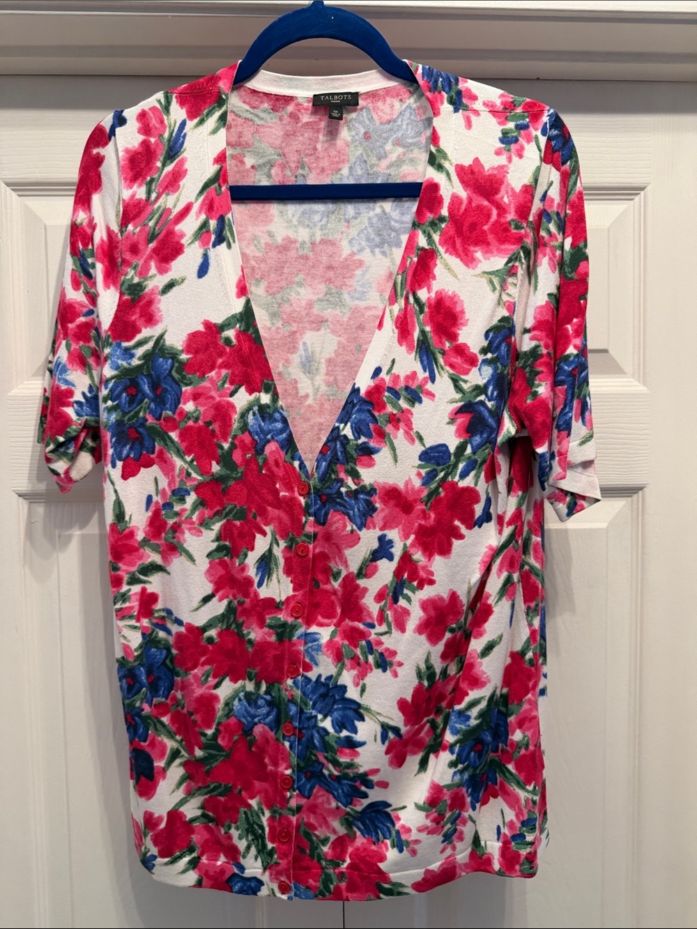 Talbots White Button-Front Floral Blouse - Pink & Blue